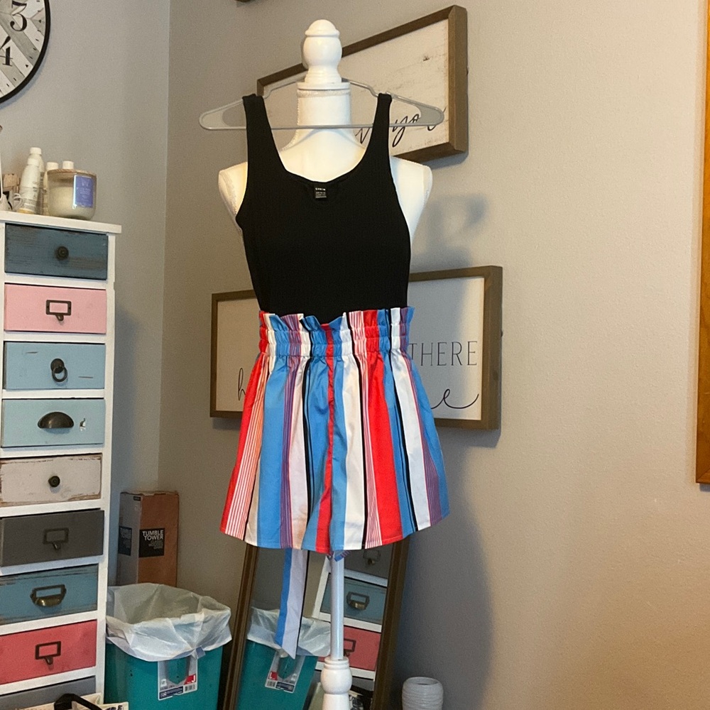 Striped Red, Blue, and White Skirt with Black Tank Top